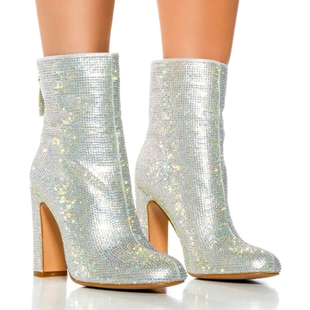 Azalea Wang Silver Rhinestone Ankle Boots Size 8 Sparkly Booties